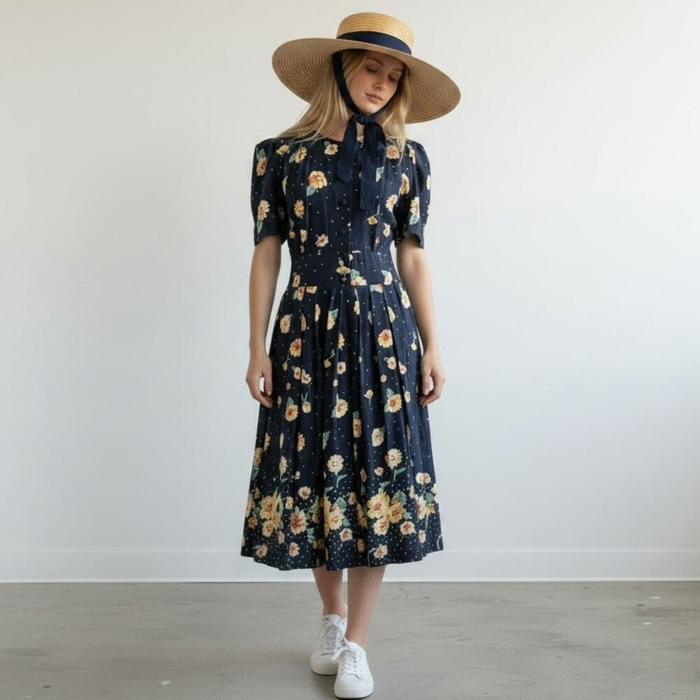 Karin Stevens Petites Vintage 80s Navy Blue Floral Cottagecore Dress Size 14P